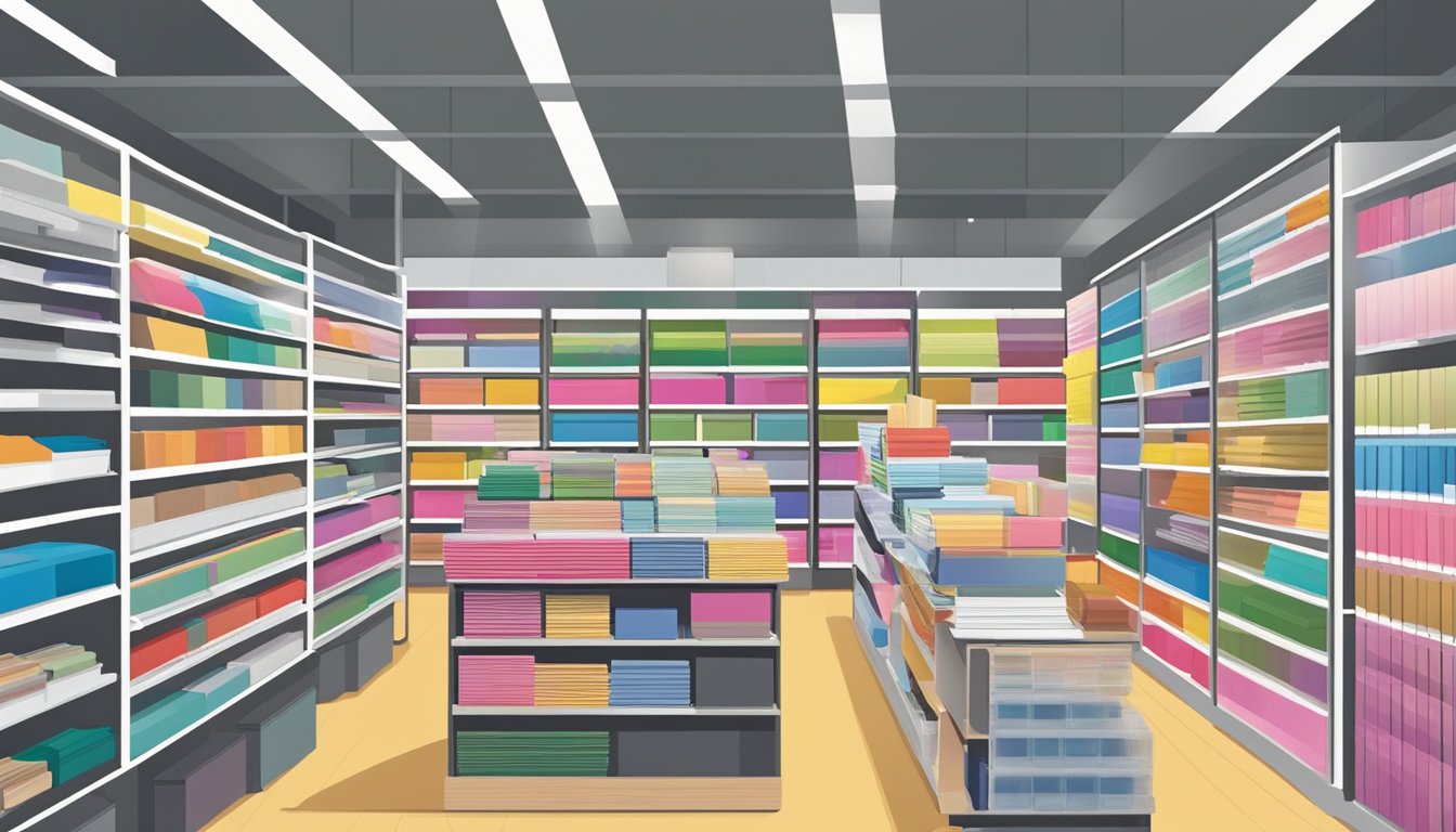 A bustling stationery store in Singapore displays a variety of cardstock in different colors and sizes, neatly organized on shelves for easy browsing