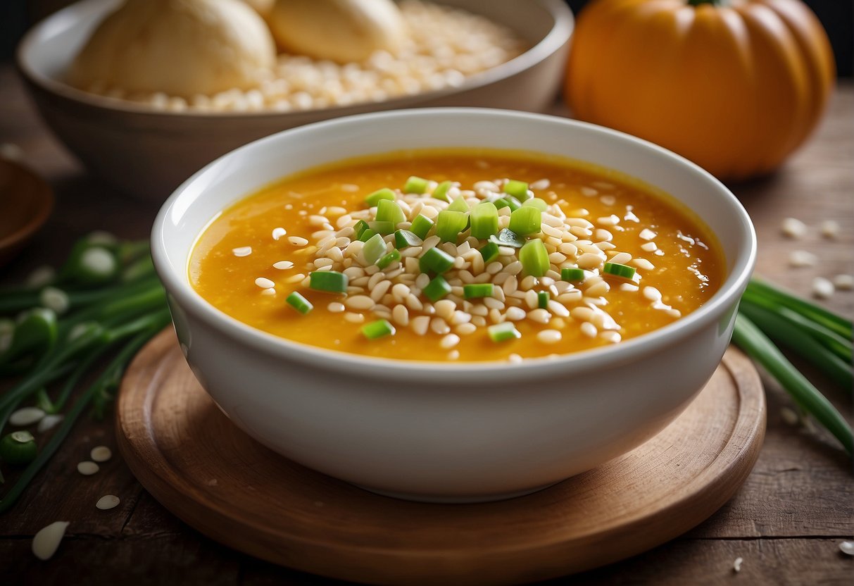 A steaming bowl of Chinese pumpkin porridge sits on a wooden table, garnished with a sprinkle of green onions and a drizzle of sesame oil