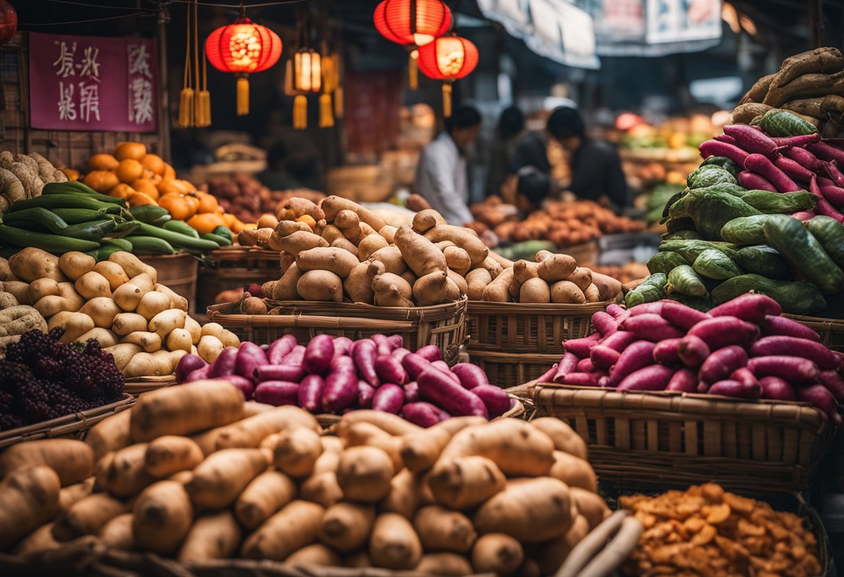 A colorful array of Chinese yams, fresh produce, and traditional Chinese cooking utensils set against a backdrop of a bustling Chinese market