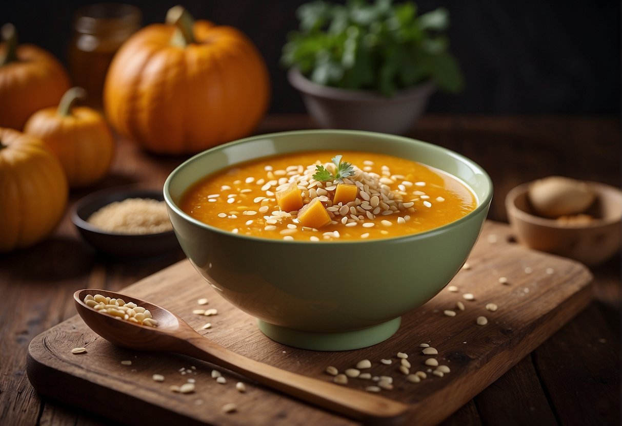 A steaming bowl of Chinese pumpkin porridge sits on a wooden table, garnished with a sprinkle of sesame seeds and a drizzle of honey