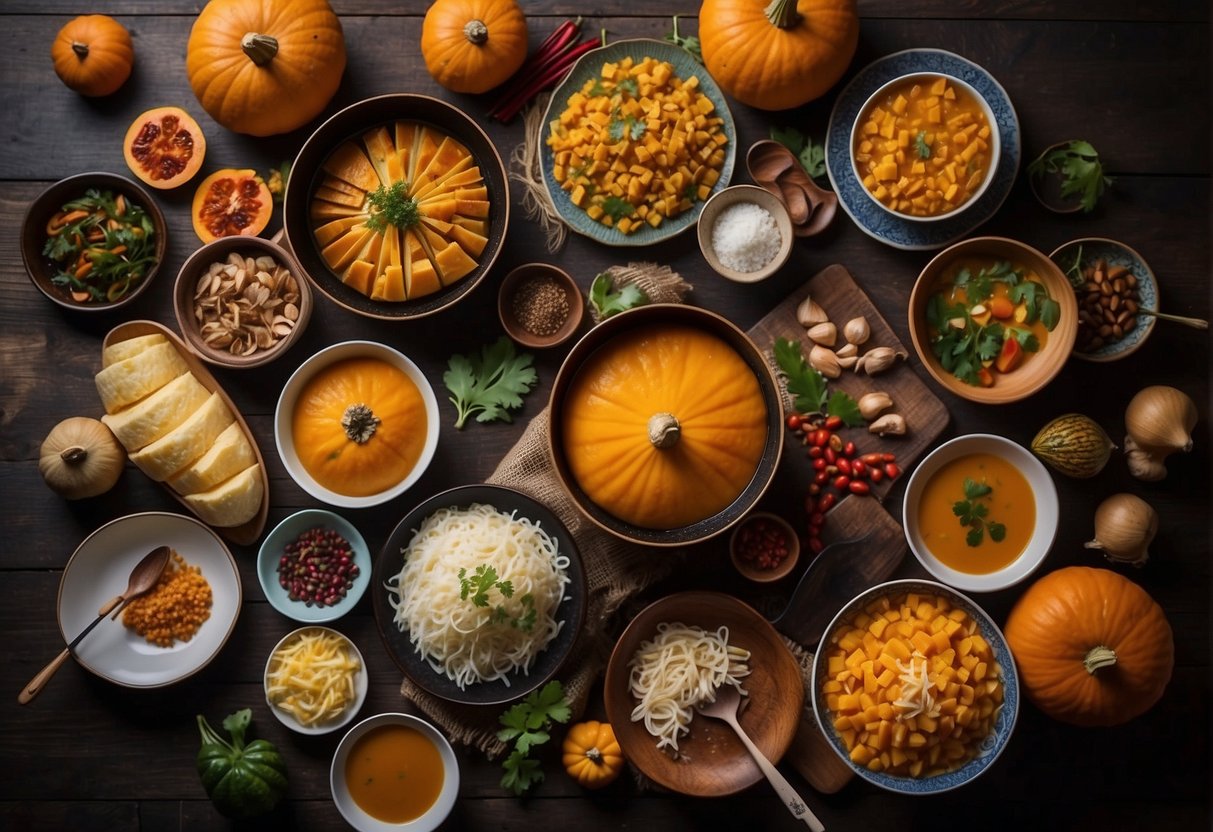 A table filled with various Chinese pumpkin dishes, steaming and fragrant, surrounded by colorful ingredients and cooking utensils