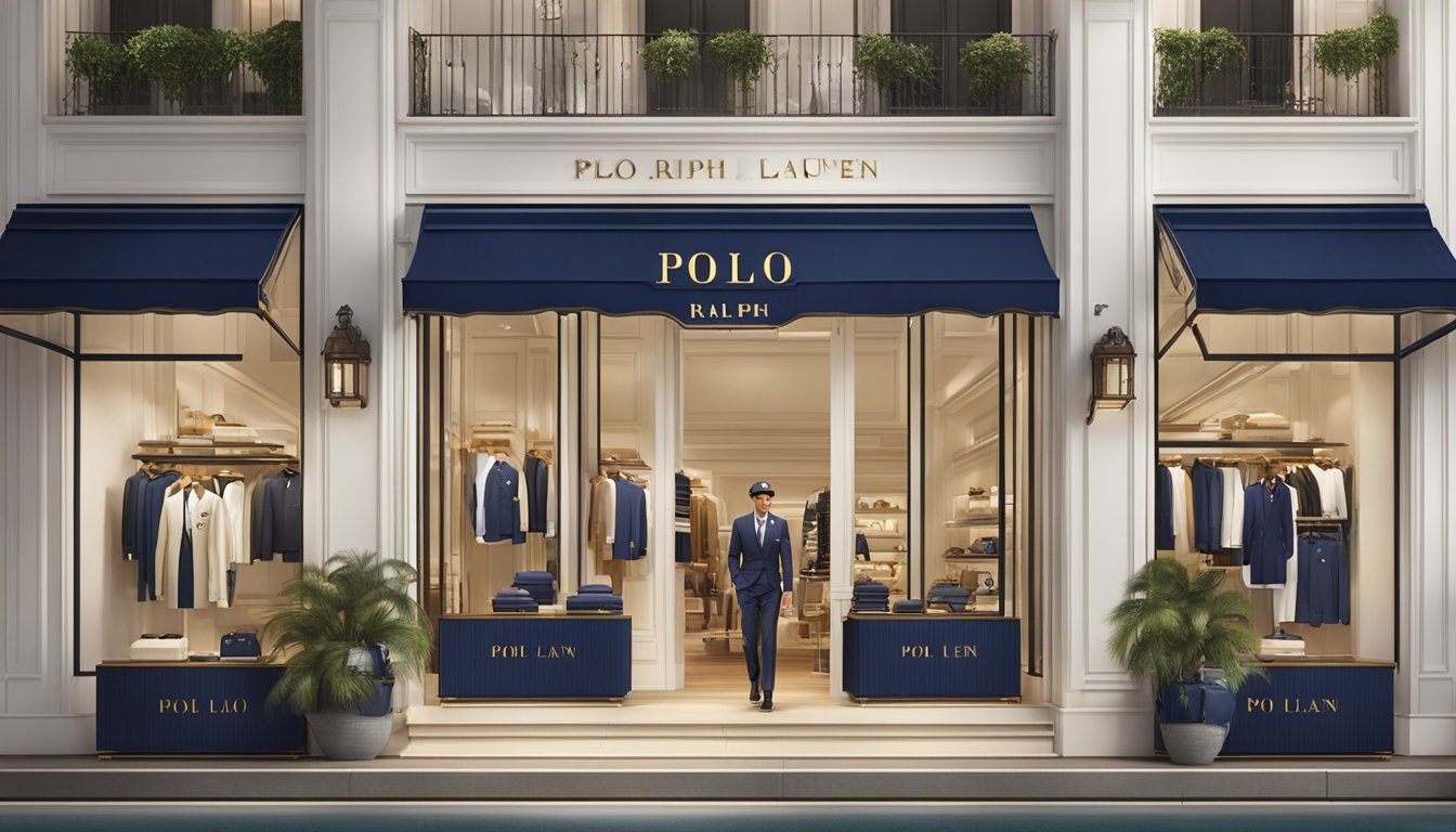 A Polo Ralph Lauren store in Singapore, with iconic polo player logo displayed prominently on storefront, surrounded by stylish and luxurious merchandise