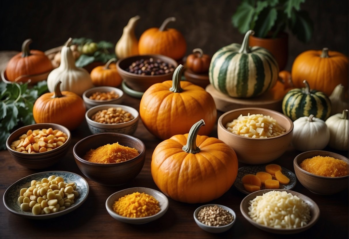 A table filled with various Chinese pumpkin varieties, surrounded by ingredients and cookbooks for Chinese pumpkin recipes