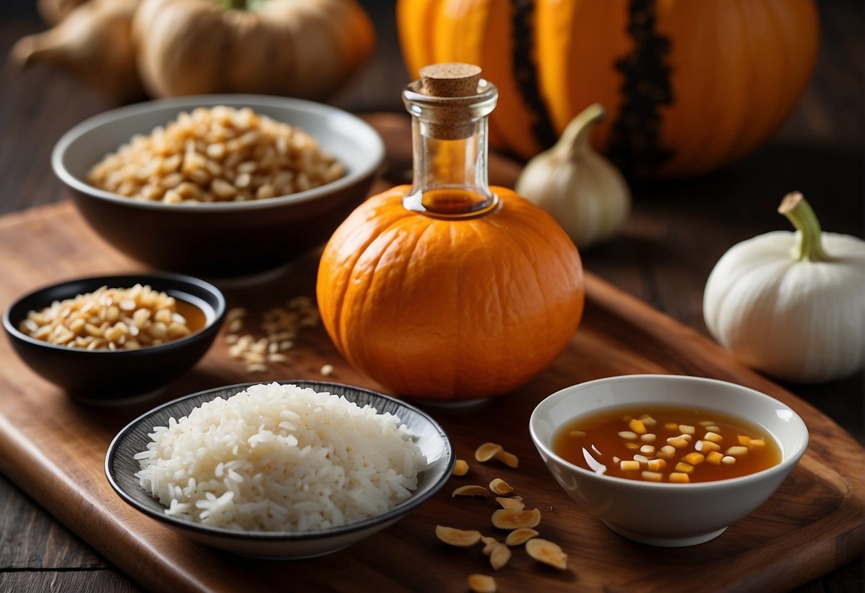 Chinese pumpkin, ginger, soy sauce, and garlic on a wooden cutting board. A bowl of sesame oil and rice vinegar nearby. Alternatives: butternut squash, teriyaki sauce, and shallots