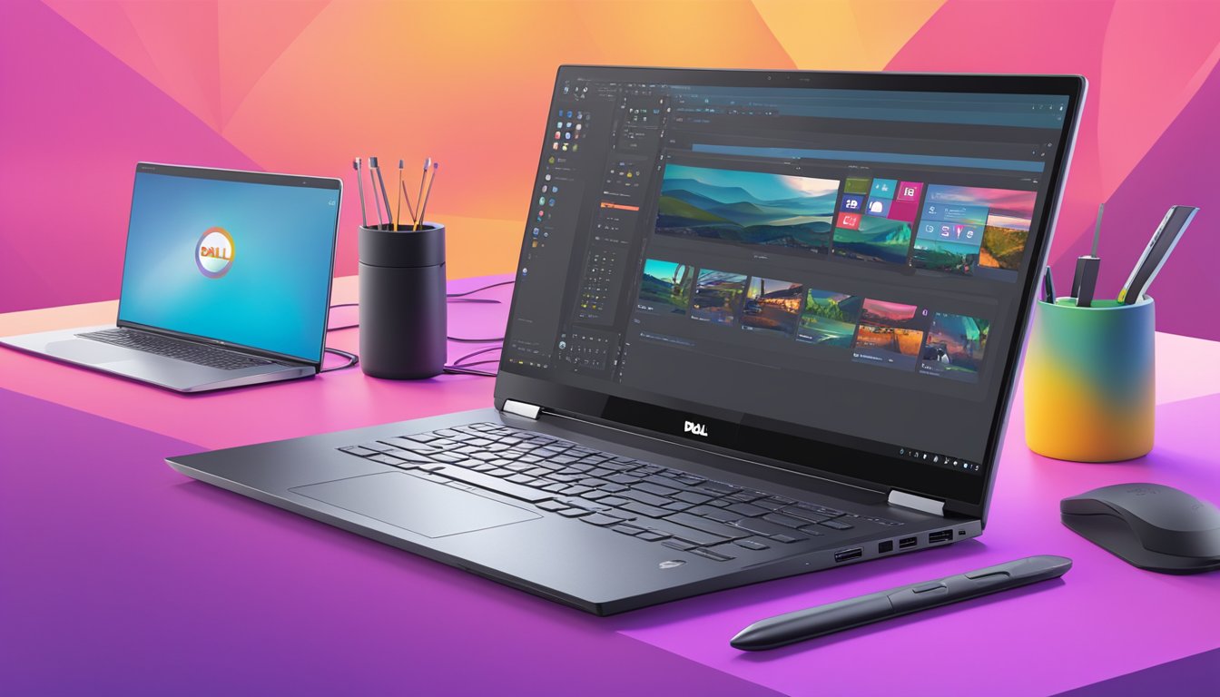 A sleek Dell i7 laptop sits on a modern desk, surrounded by tech accessories. The laptop's screen displays vibrant graphics and the keyboard is backlit