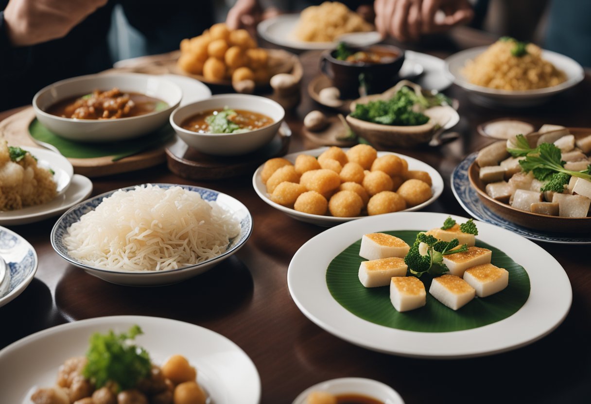 A table with various Chinese yam dishes, surrounded by curious onlookers