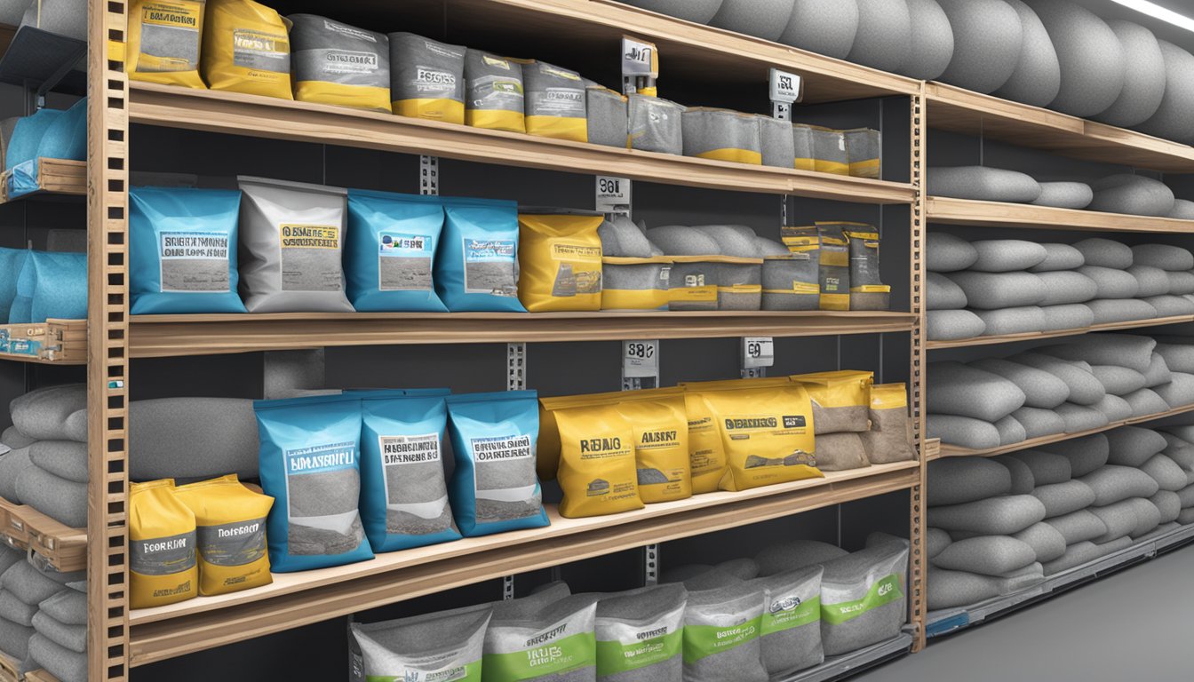 A hardware store shelf displays bags of cement powder in Singapore