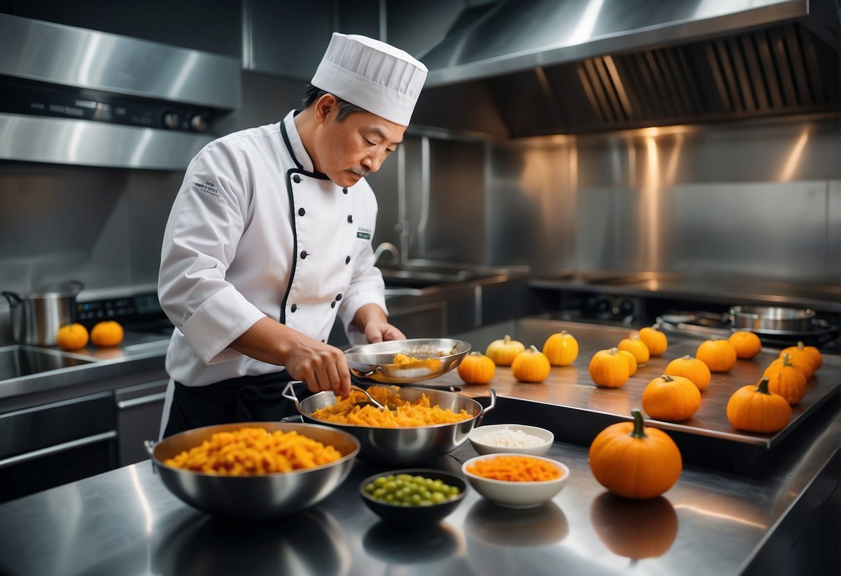 A chef prepares Chinese pumpkin dishes with a modern twist in a sleek kitchen with stainless steel appliances and vibrant ingredients