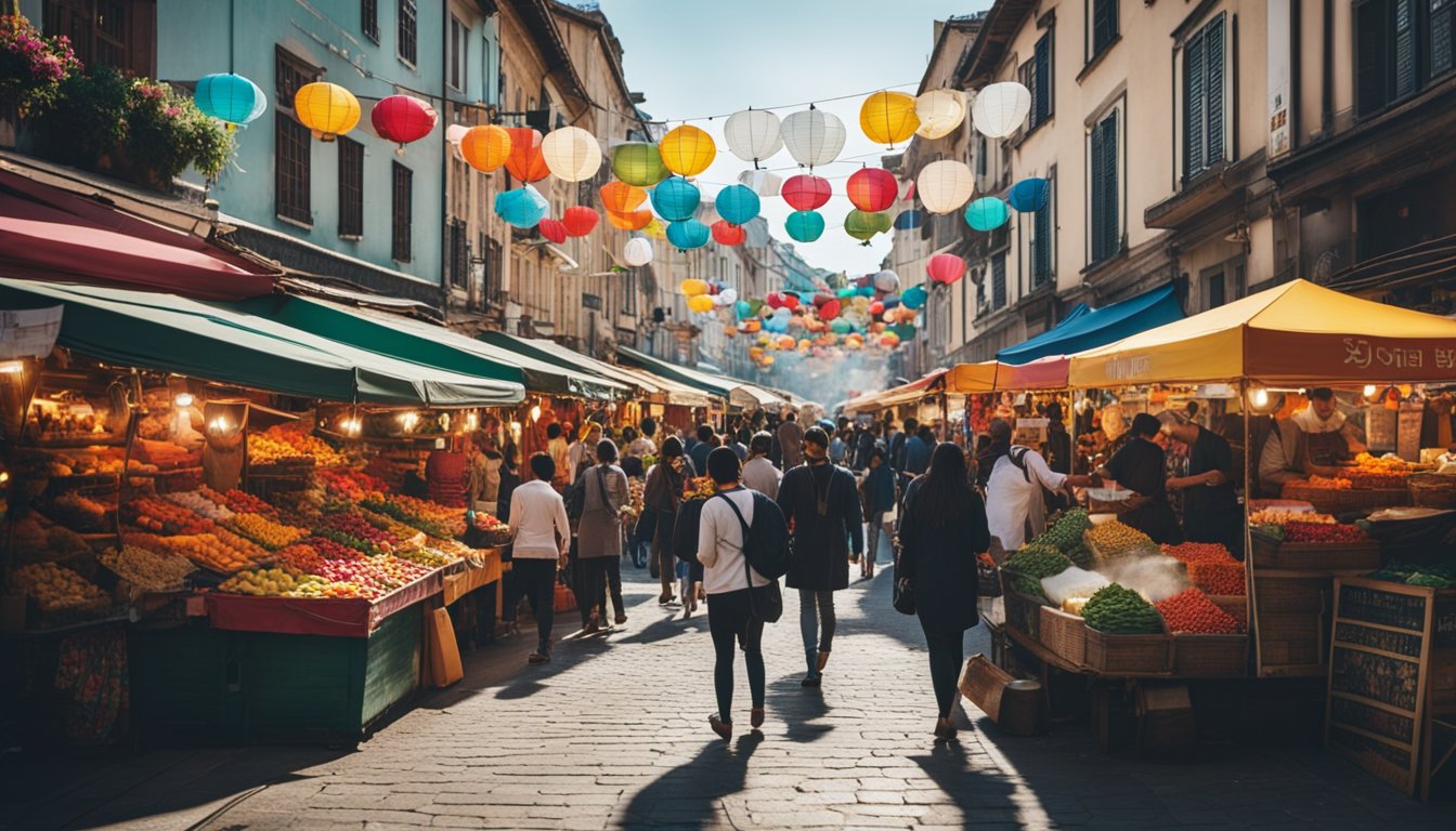 Busy streets with colorful market stalls, bustling with locals and tourists. A mix of traditional and modern architecture, with vibrant street art and lively music filling the air