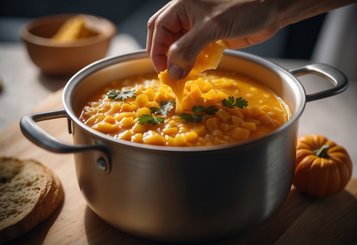 A hand pours pumpkin soup into a container. Another hand seals the lid. A microwave heats a container of pumpkin rice