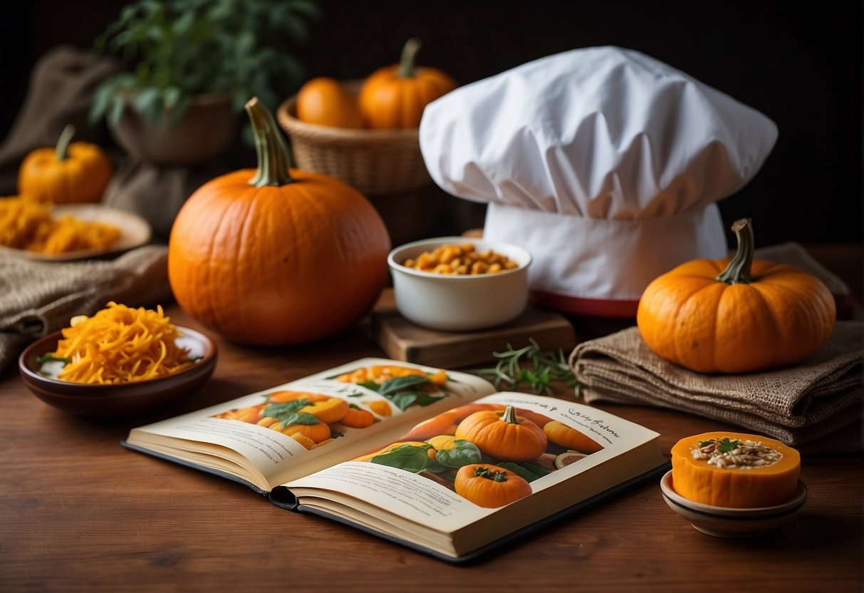 A table with various Chinese pumpkin dishes, a chef's hat, and a recipe book open to "Frequently Asked Questions Chinese Pumpkin Recipes."