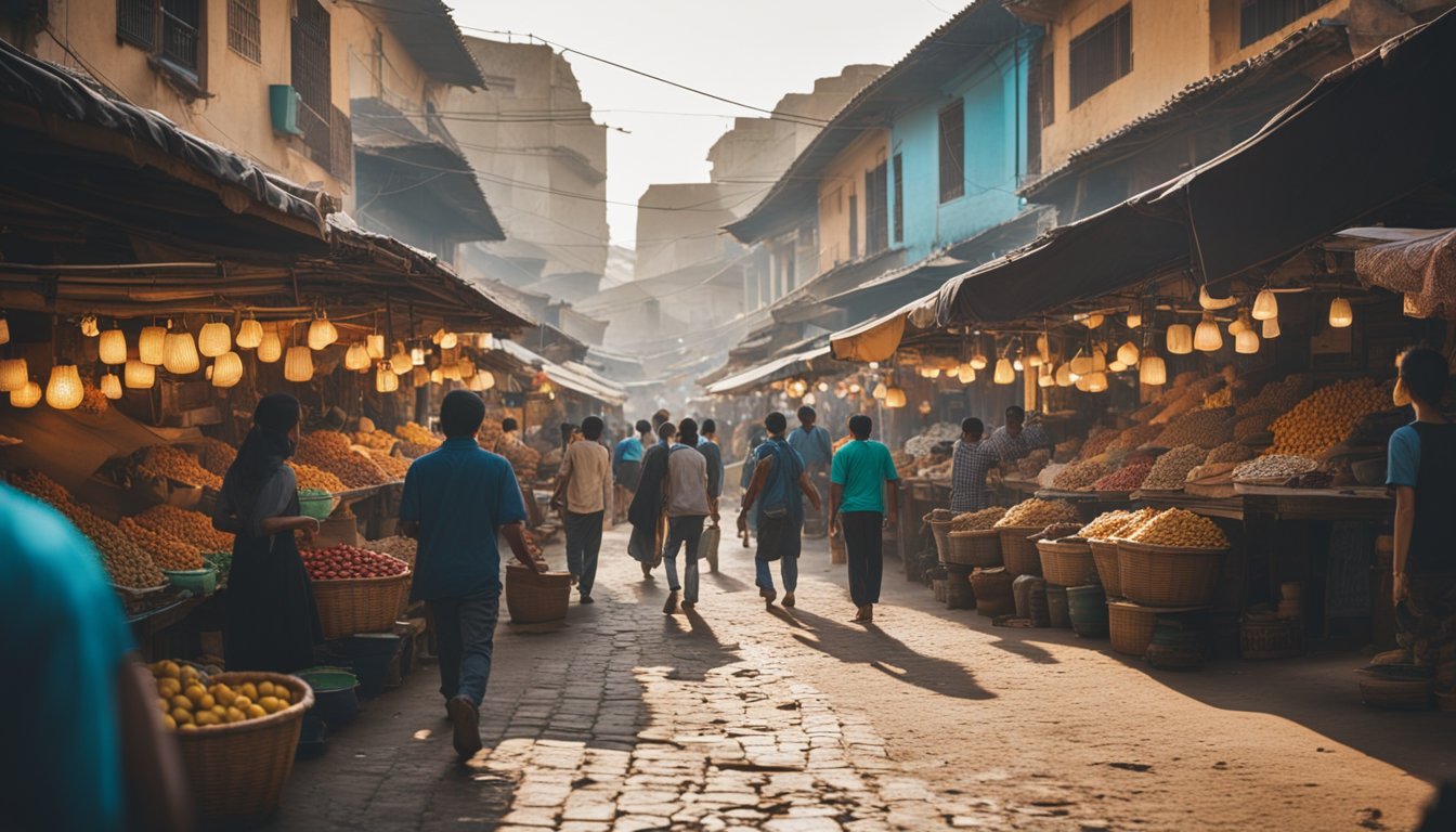 Busy market street with colorful stalls and bustling activity, surrounded by traditional mud-brick buildings and vibrant street art