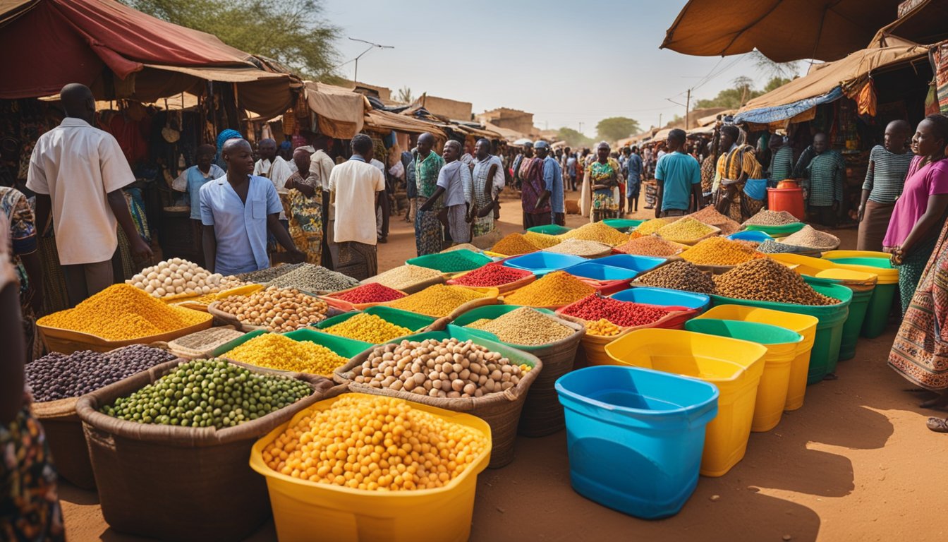 A bustling market in Ouagadougou, with colorful stalls selling local crafts and produce. The city's vibrant energy is evident in the lively atmosphere and diverse array of goods on display