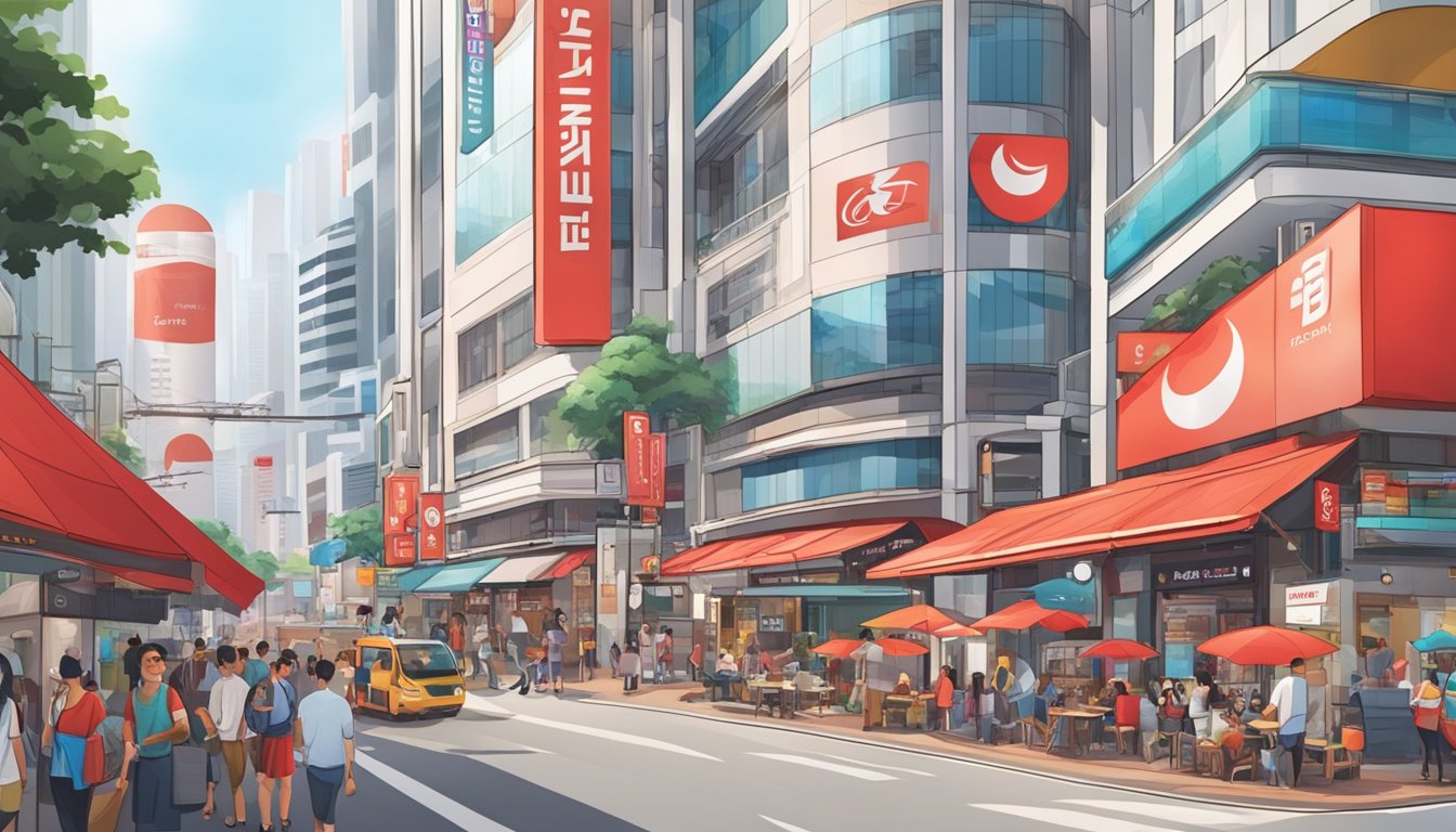 A bustling street corner in Singapore, with colorful signs and busy shoppers. The iconic red and white logo of Elevit stands out among the storefronts