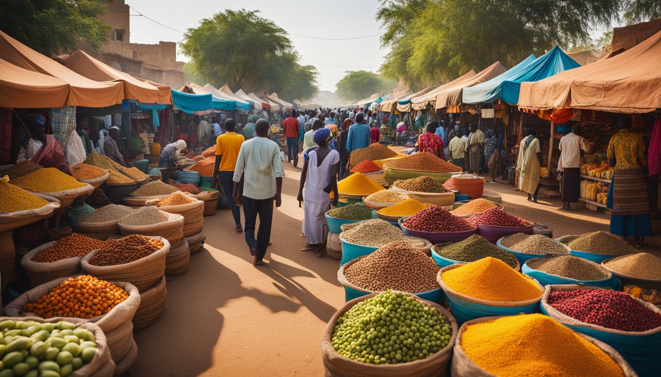 Colorful market stalls line the bustling streets of Ouagadougou, showcasing vibrant textiles, handmade crafts, and fresh produce. The scent of exotic spices and the sound of traditional music fill the air, creating a lively and dynamic atmosphere