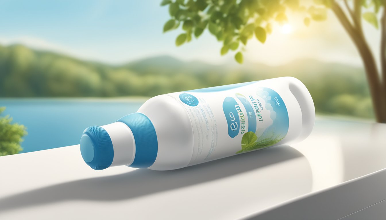 A bottle of Elevit sits on a clean, white surface with a backdrop of a serene, natural setting. The sunlight illuminates the packaging, highlighting the benefits of choosing Elevit