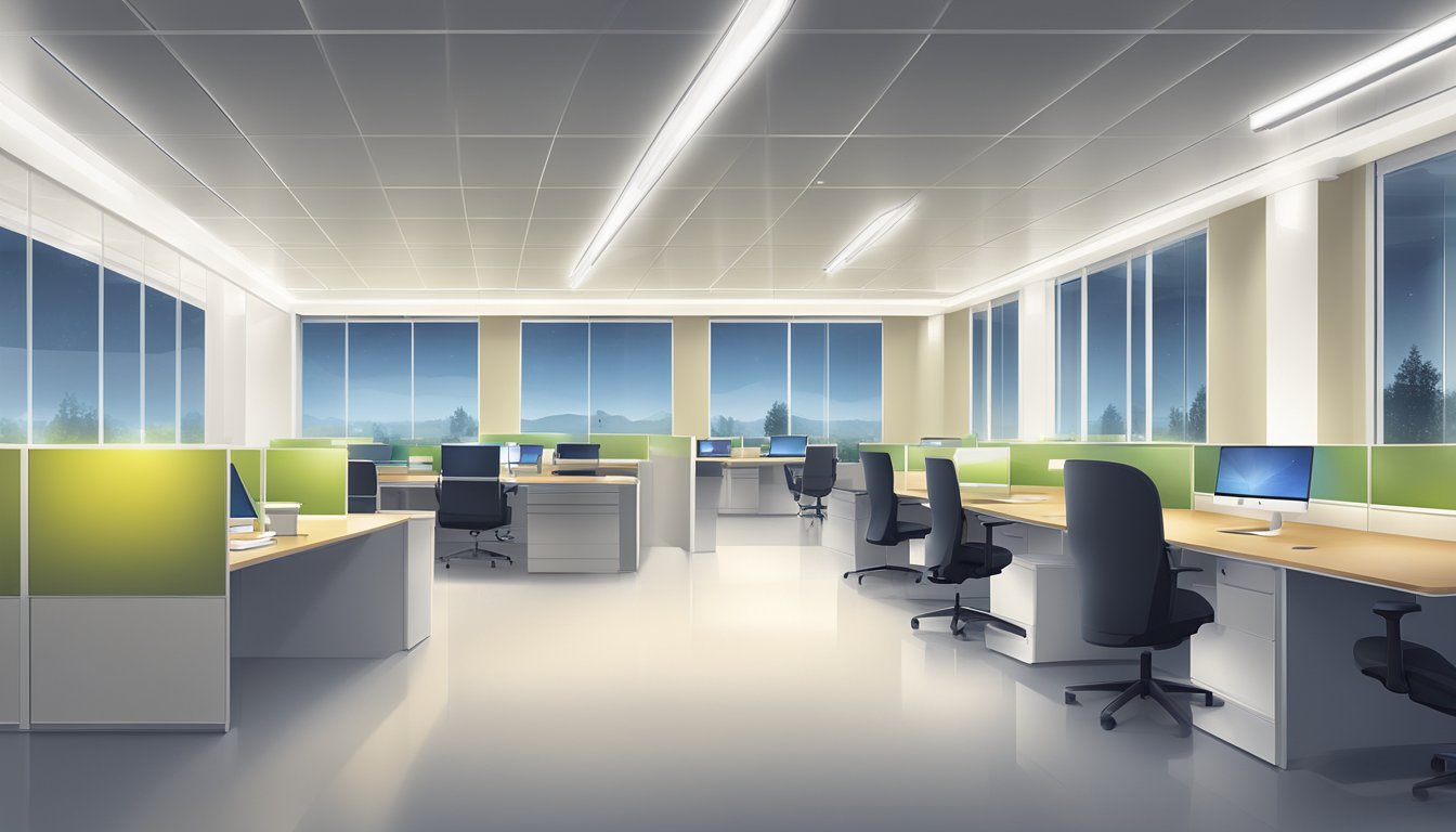 A bright, energy-efficient LED tube light illuminates a modern office space, casting a clean, white light and reducing energy costs