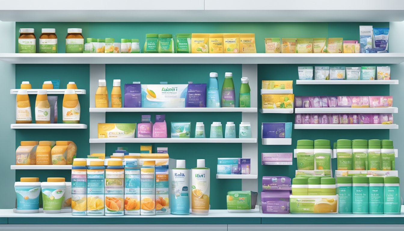 A shelf with Elevit product displayed in a Singapore pharmacy
