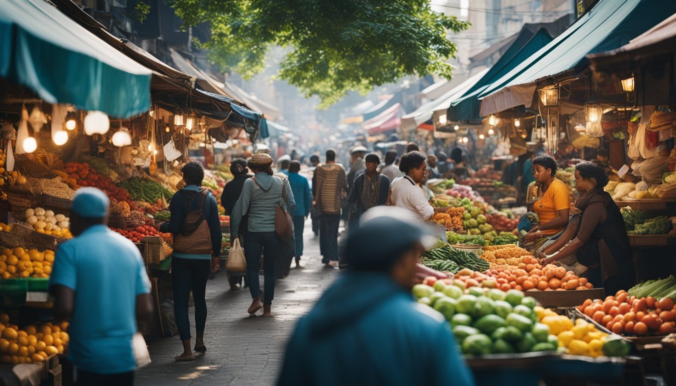 Busy streets lined with colorful market stalls, bustling with locals buying and selling fresh produce and vibrant textiles. The air is filled with the sounds of lively chatter and the smell of delicious street food