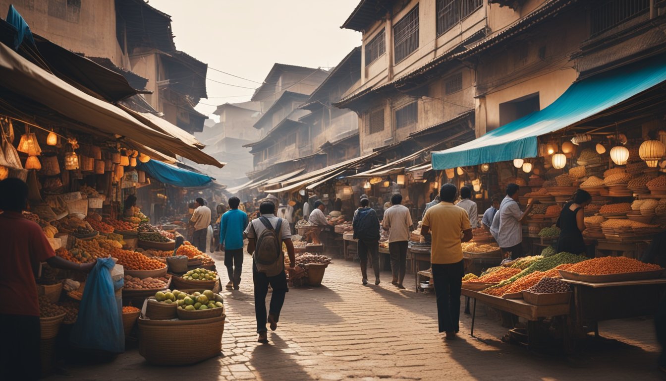 Busy streets bustle with colorful market stalls and lively local vendors. The vibrant cityscape is adorned with traditional mud-brick buildings and bustling activity