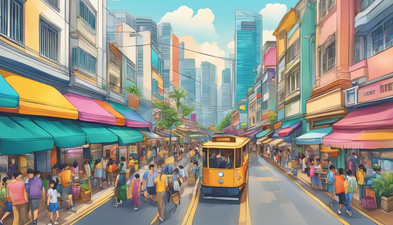 A bustling street in Singapore, with colorful storefronts and bustling crowds, showcasing the vibrant energy of the city