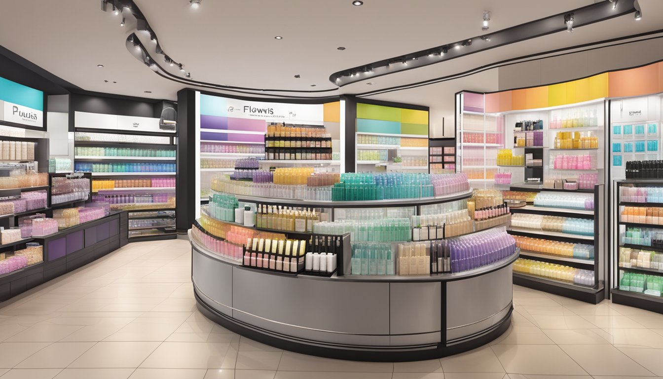 A vibrant display of Flowfushi products at a modern cosmetics store in Singapore, with clear signage indicating availability