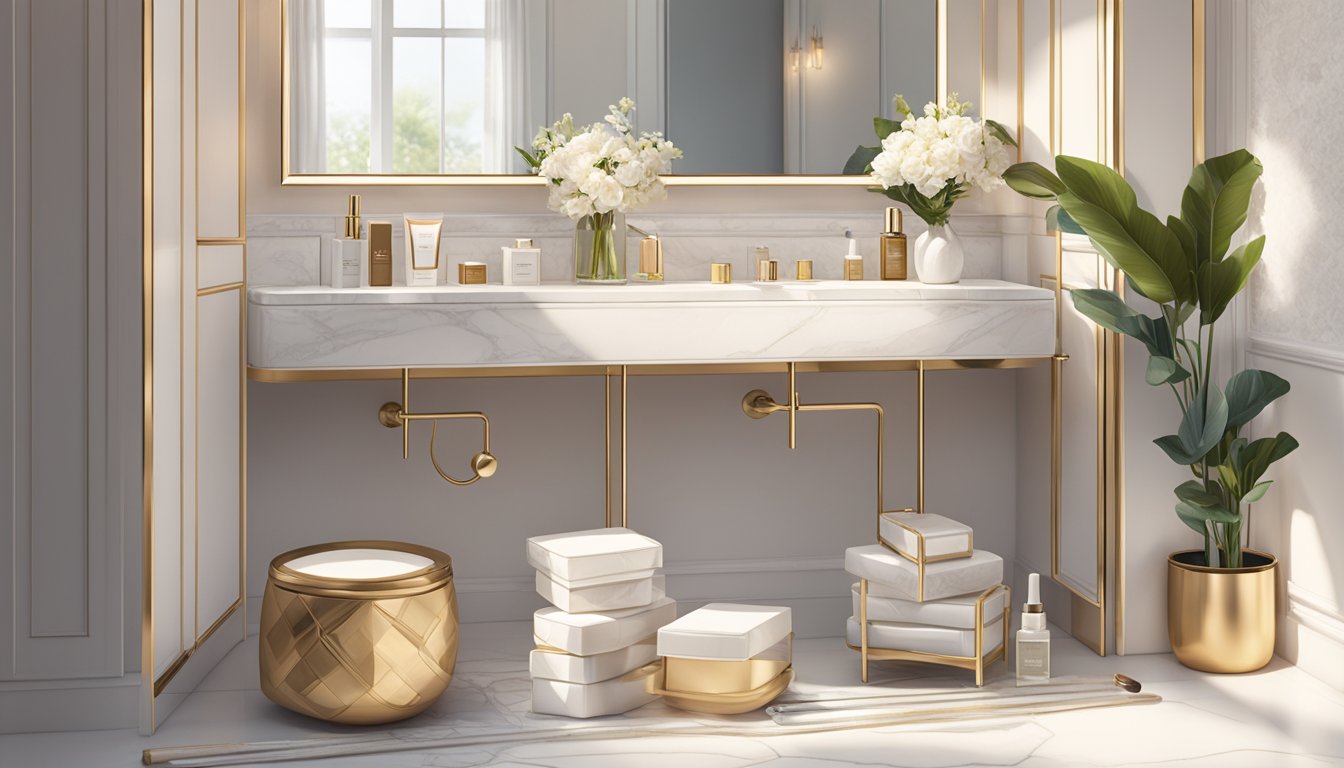 A luxurious bathroom counter adorned with Flowfushi skincare and makeup products, bathed in natural light. A serene and elegant atmosphere, with the products arranged neatly and prominently displayed