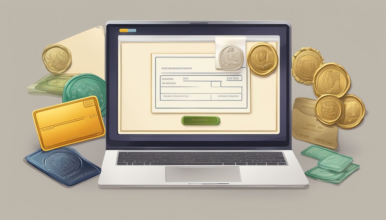 A computer screen displaying various wax seal designs, a credit card being used for payment, and a shipping address being entered into a form