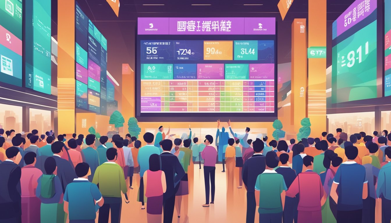 A bustling stock exchange in Singapore, with traders in colorful jackets gesturing and shouting, large digital screens displaying ETF prices