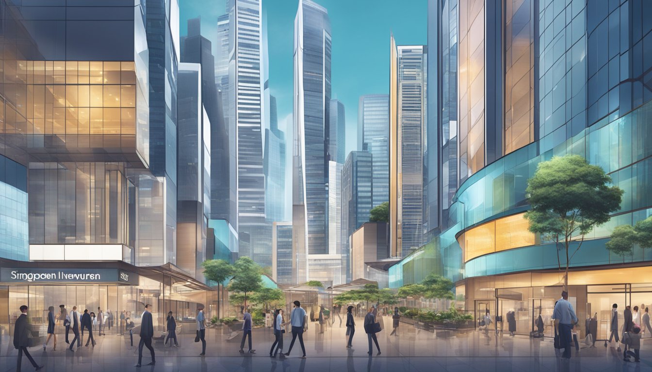 A bustling financial district in Singapore with ETF investment signs and charts displayed outside of a modern office building