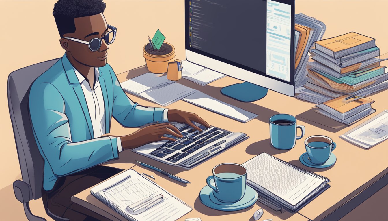 A person sitting at a desk with a laptop, researching ETFs. A stack of financial books and a notepad with investment notes are nearby. A cup of coffee and a calculator are also on the desk
