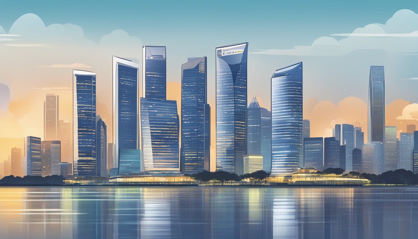 A stack of ETF investment brochures with a "Frequently Asked Questions" section highlighted, set against a backdrop of the Singapore skyline