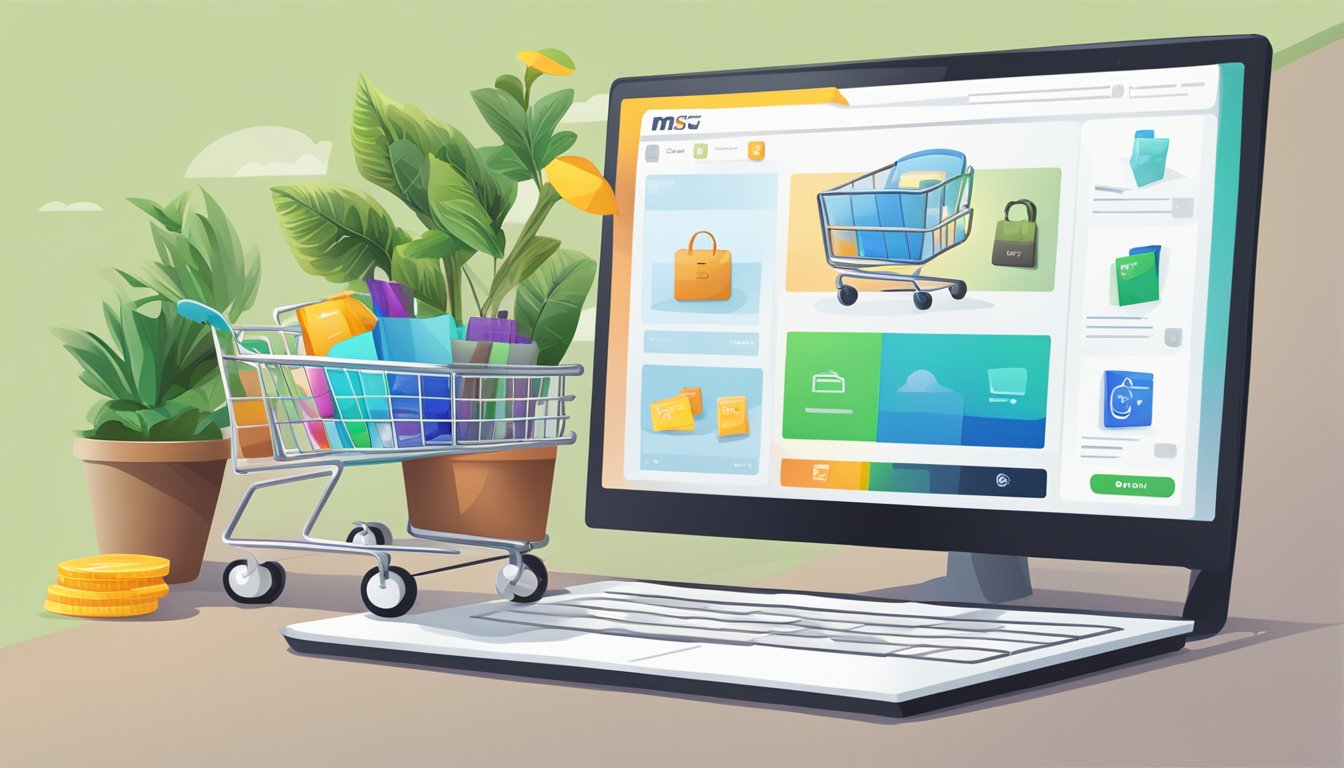 A computer screen with the "msi buy online" website open, showing various products and a shopping cart icon