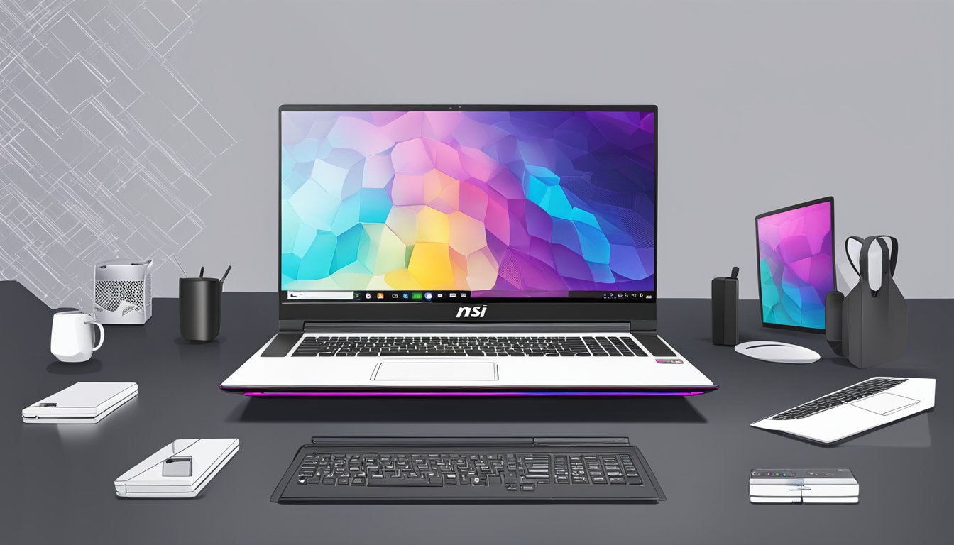 A table showcasing the latest MSI laptops, with sleek designs and vibrant displays. A laptop open, displaying high-performance specs and a "buy online" button