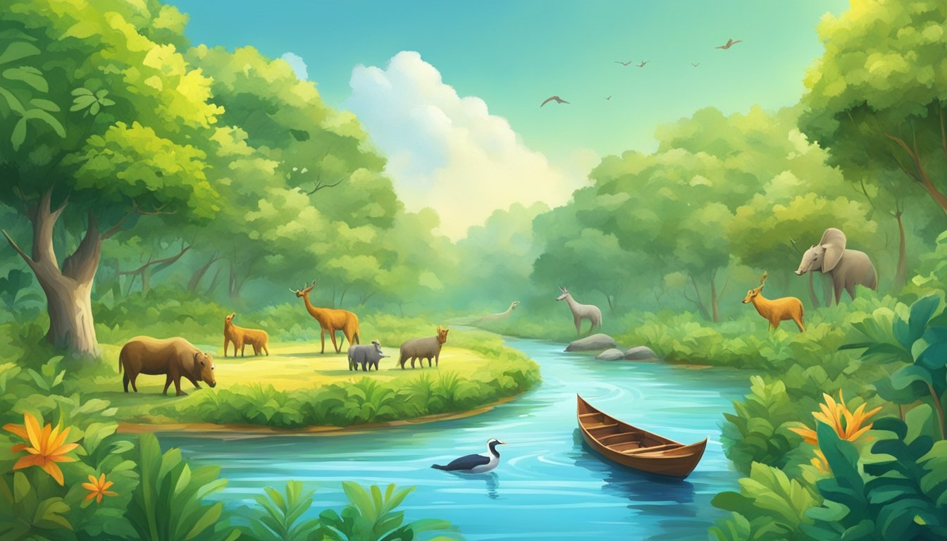 The river flows gently through lush greenery, with animals drinking from its banks. A colorful boat glides along, offering a unique safari experience