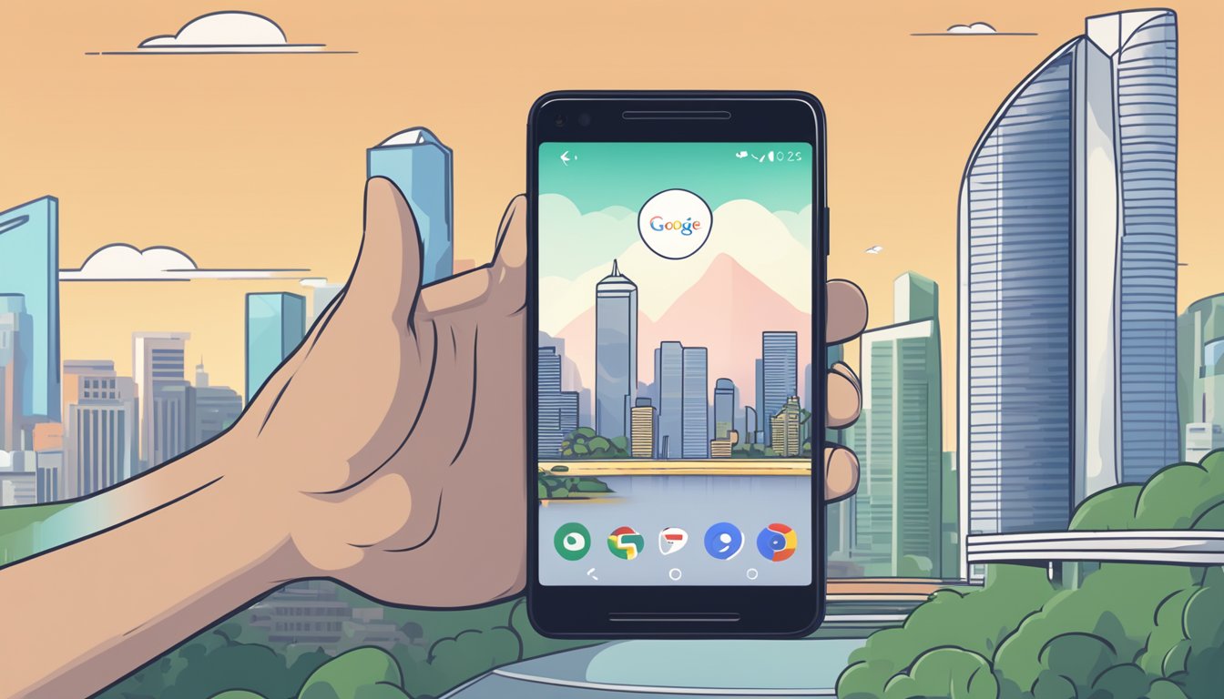 A hand holding a Google Pixel 2 in front of a Singapore skyline with a "buy" button on the screen