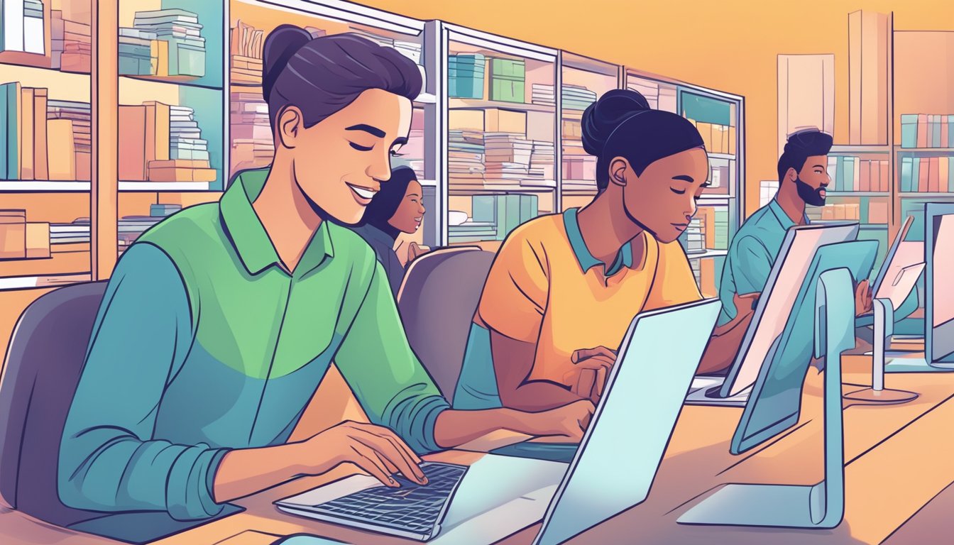 Customers browsing online FAQs, clicking through product options, and making purchases