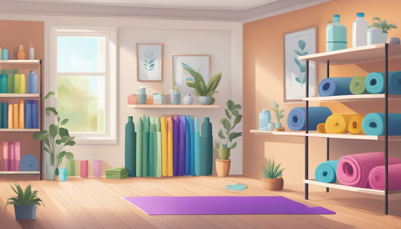 A bright, airy yoga studio with shelves of colorful yoga mats. A sign reads "How to Care for Your Yoga Mat" next to a display of cleaning supplies