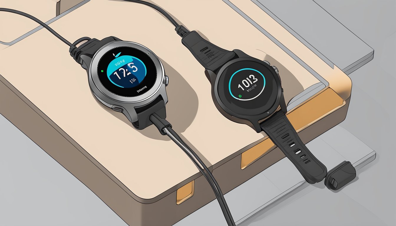 A Garmin Vivoactive 3 charger plugged into a power outlet, with the watch resting on the charging dock