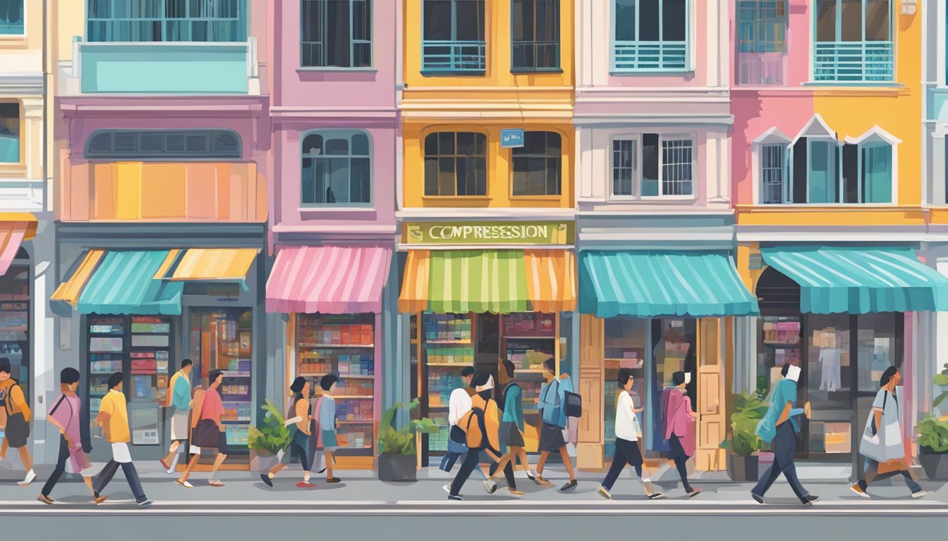 A bustling street in Singapore, with colorful storefronts and signs advertising compression socks. Pedestrians walk past, some peering into the windows of the shops