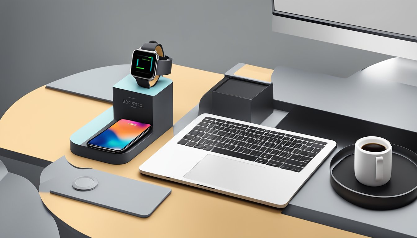 A smartwatch sits on a sleek charging dock, surrounded by a modern, minimalist workspace with a laptop and a cup of coffee