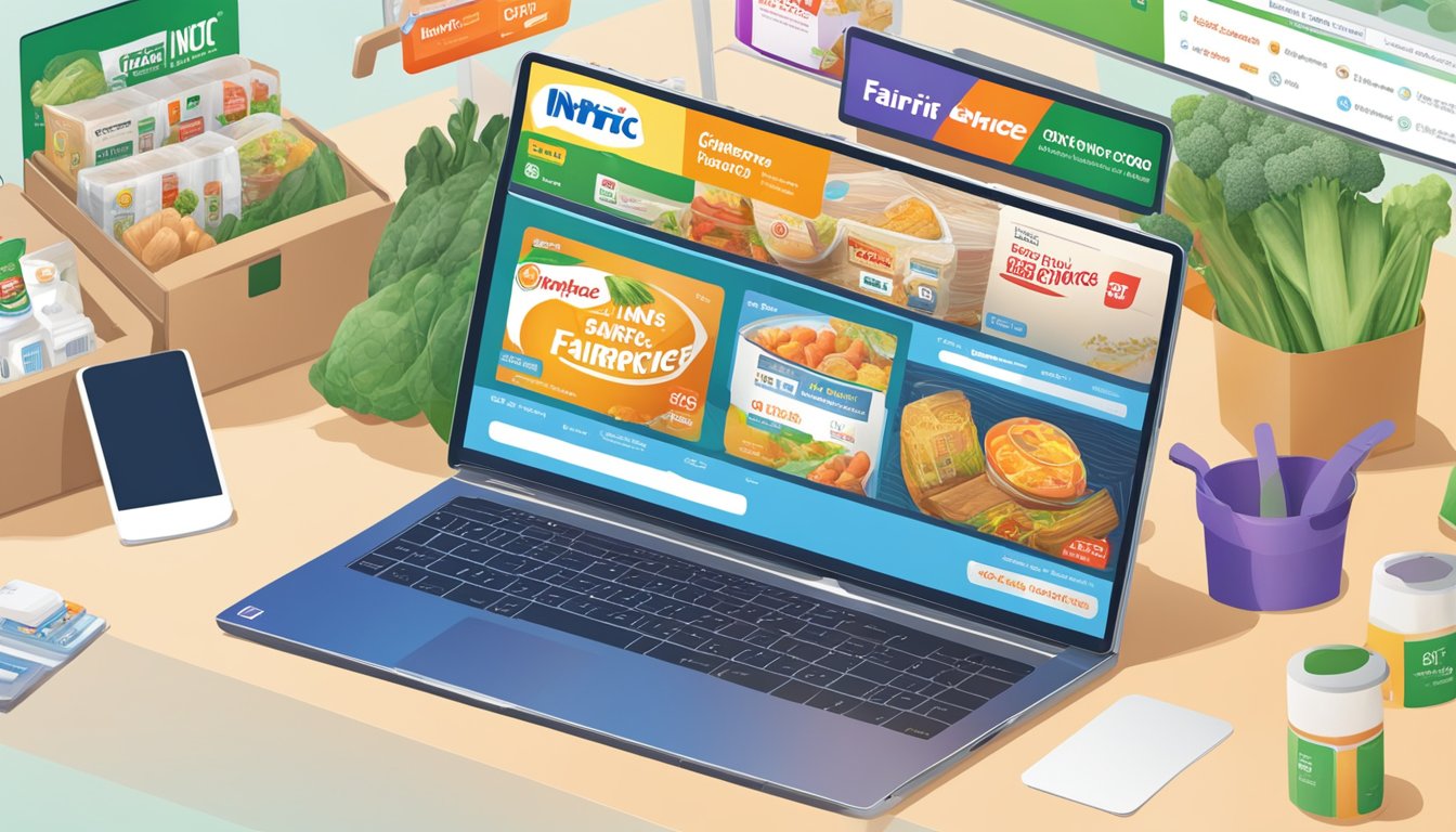 A laptop displaying the NTUC FairPrice website with a variety of groceries in a virtual shopping cart