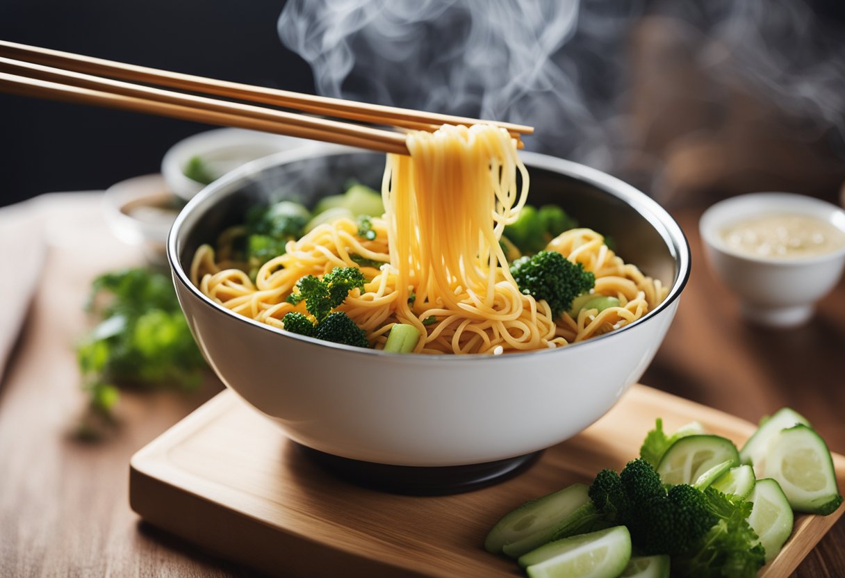 A pair of chopsticks lifting yellow Chinese noodles from a steaming bowl, with scattered vegetables and a drizzle of savory sauce