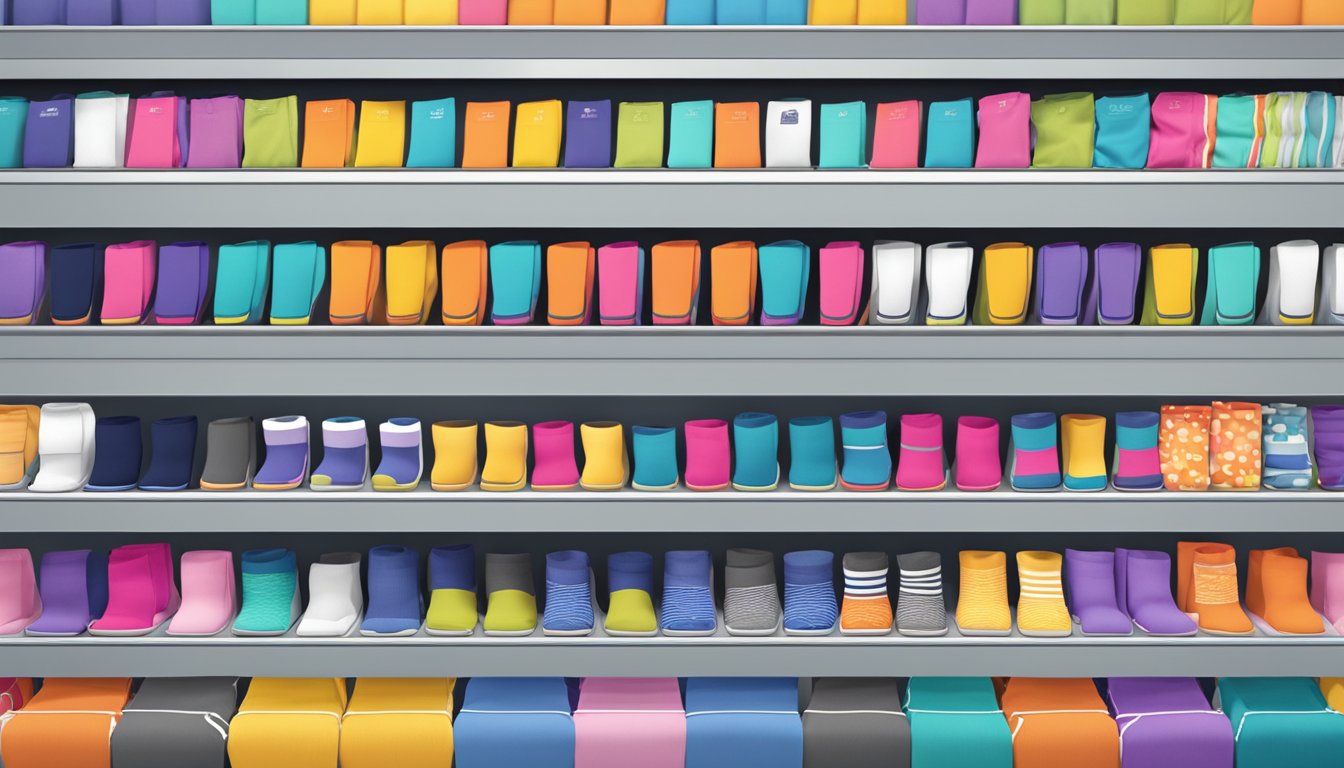 A colorful display of compression socks in a Singaporean retail store, with various brands and sizes neatly arranged on shelves