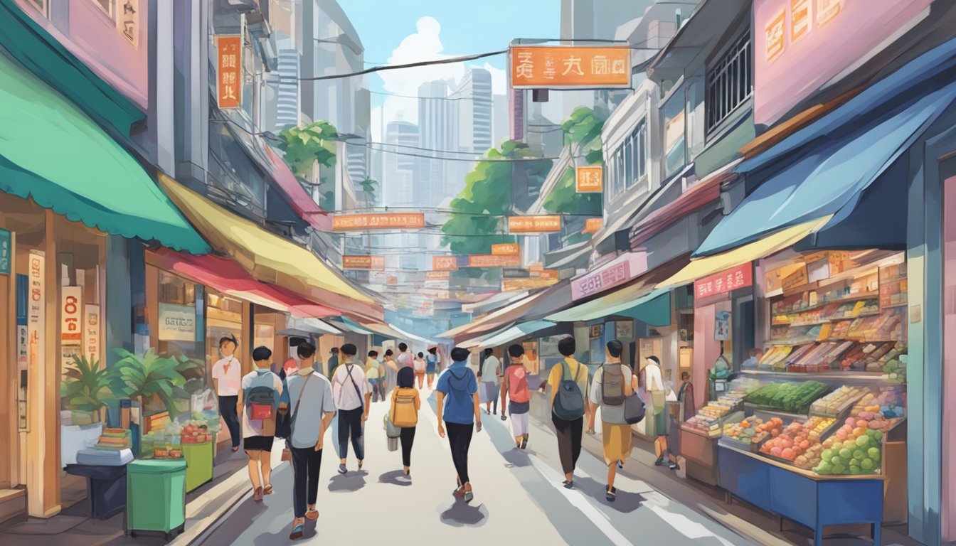 A bustling Singapore street with a variety of shops and a prominent sign advertising "compression socks" in bold letters