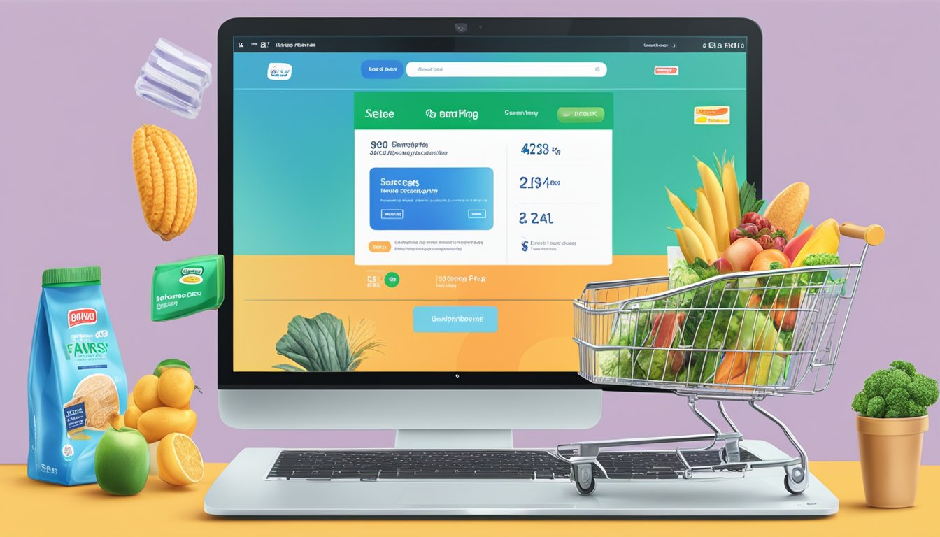 A computer screen displaying NTUC FairPrice website with various grocery items and a digital shopping cart