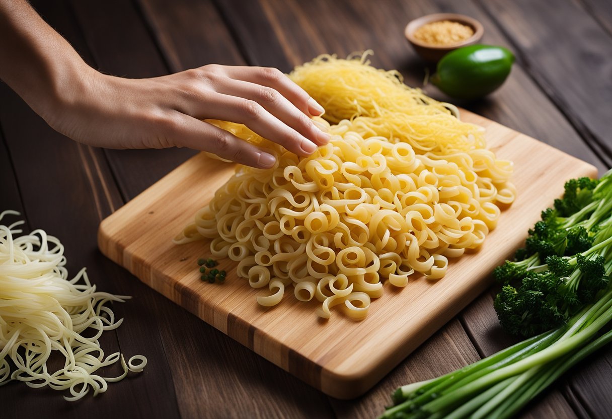 A hand reaches for a bundle of yellow Chinese noodles, a bottle of soy sauce, and a handful of fresh green onions on a wooden cutting board