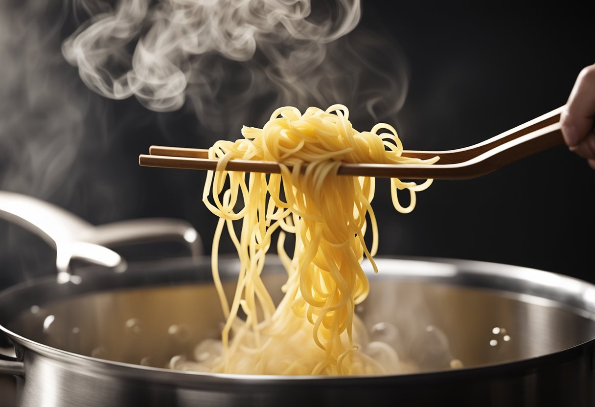 A pot of boiling water with yellow Chinese noodles being dropped in. Steam rising, chopsticks nearby