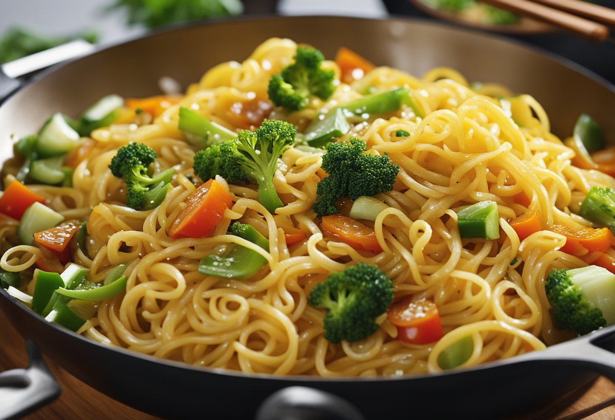 Yellow Chinese noodles sizzle in a hot wok with oil, as colorful vegetables and savory sauce are added, creating a vibrant stir-fry