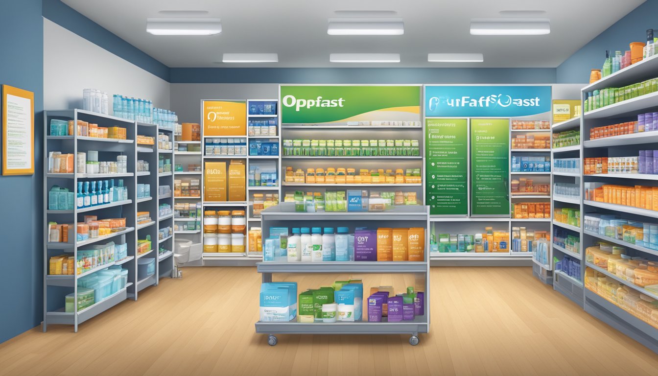 A display of Optifast products with prominent "Frequently Asked Questions" signage, surrounded by shelves of health and wellness items